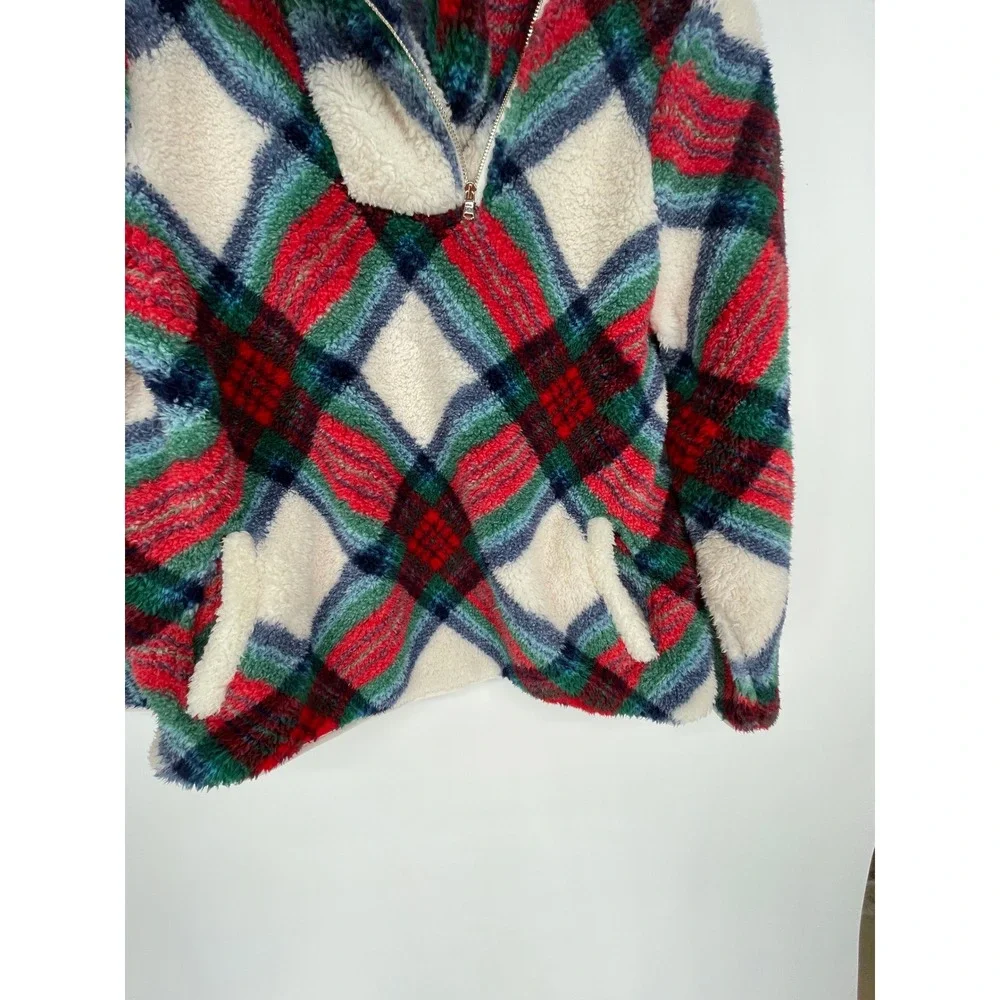 Talbots‎ Womens Pullover XL Sherpa Fleece Multicolor Plaid Shawl Zip